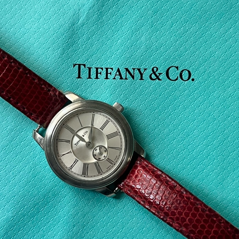 Tiffany & Co. Silver Watch with Burgundy Strap